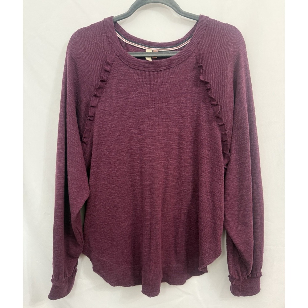 Pilcro Plum Ruffle-Trim Crewneck Sweater